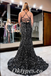 Sexy Black Sequin Spaghetti Straps Square Sleeveless Lace Up Back Mermaid Long Prom Dresses With Side Slit,PDS0610