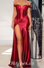 Sexy Rust Satin Off Shoulder V-Neck Sleeveless Side Slit Sheath Long Prom Dresses ,PDS0622