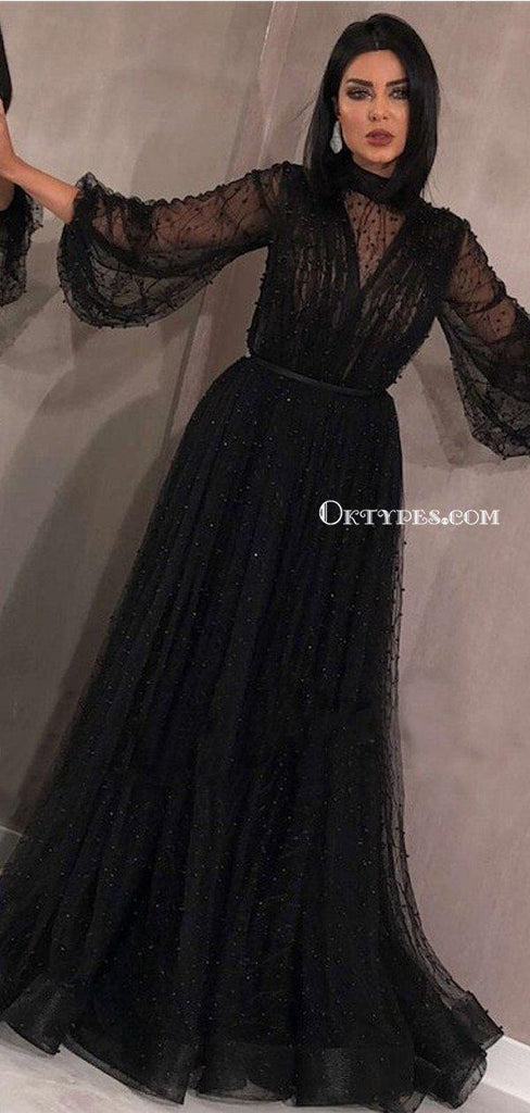 New Arrival Black High Neck Long Sleeves A-line Black Tulle Long Cheap Prom Dresses With Beaded, PDS0068