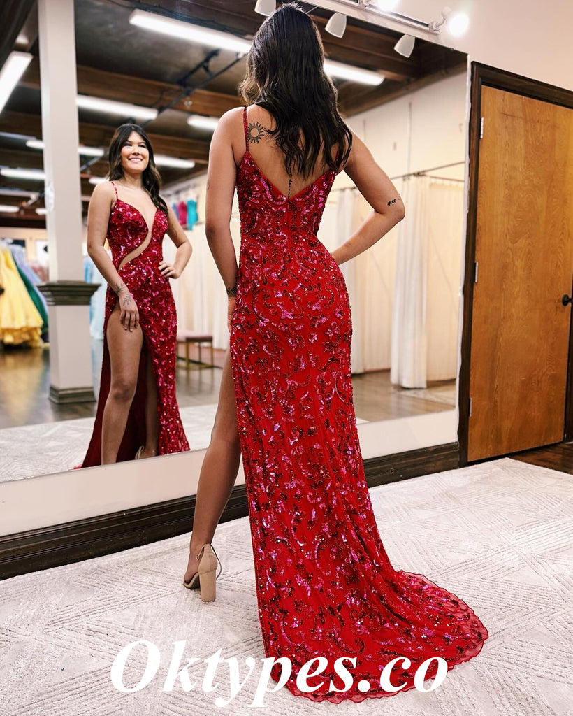 Sexy Spaghetti Straps V-Neck Sleeveless Side Slit Mermaid Long Prom Dresses, PDS0864