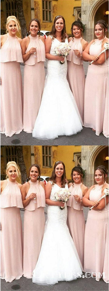 A-Line Halter Backless Long Cheap Pink Chiffon Bridesmaid Dresses, TYP1872