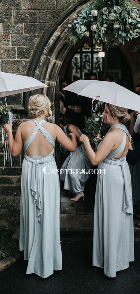 Mismatched Halter Light Blue A-line Long Cheap Bridesmaid Dresses, BDS0091