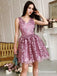 A-Line V-Neck Sleeveless Organza Appliqued With Ruched Short/Mini Cheap Homecoming Dresses, TYP2037