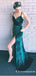 Sexy Fleece Spaghetti Straps Long Green Velvet Prom Dresses With Slit, TYP1634