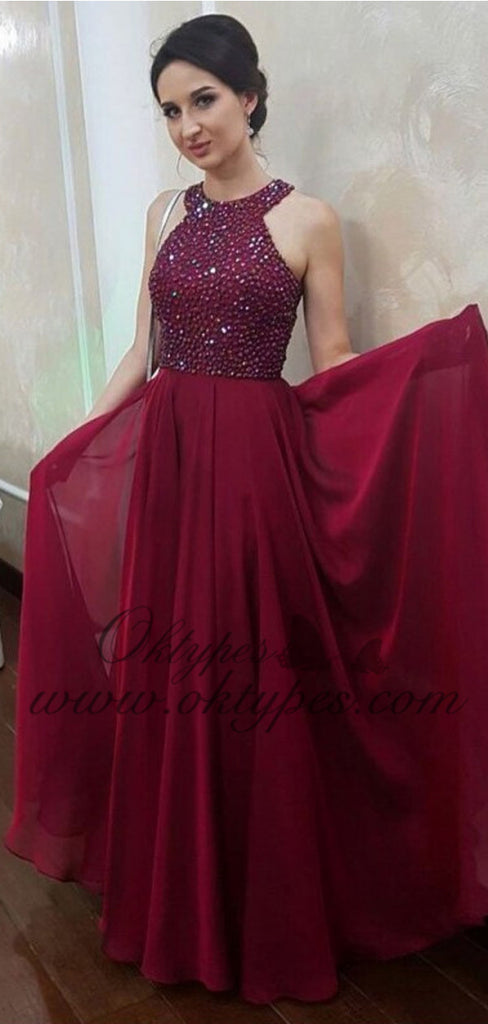 Burgundy Halter Formal Top Beaded Long Chiffon Prom Evening Dresses, TYP1513