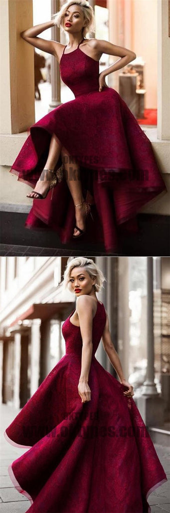 Sexy Fashion High Low Red Lace Halter Custom Cheap Evening Prom Dresses, TYP0617