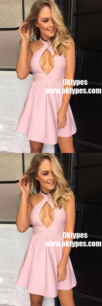 A-Line Halter Short Pink Satin Homecoming Party Dress with Keyhole, TYP0942