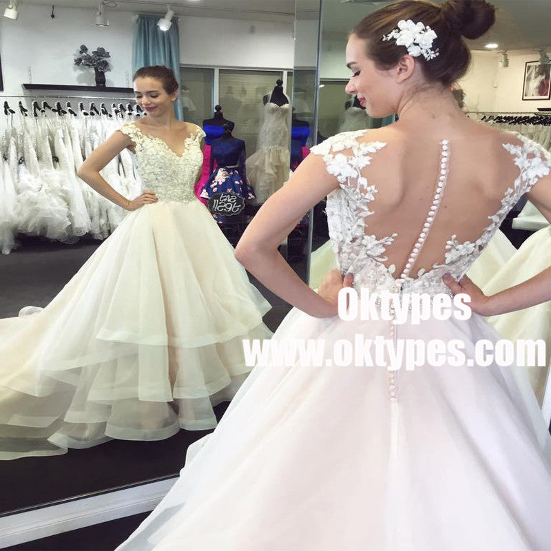 Lace Cap Sleeves See Through Organza Skirt A-line Wedding Dresses Online, TYP0876