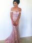 Pink Off Shoulder Lace Mermaid Sexy Long Prom Dresses Online, TYP1586