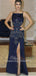 Sexy Navy Blue Backless Long Satin Slit Prom Dresses with Beaded, TYP1607