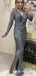 Sexy Sliver Sequin Long Sleeve V Neck Prom Dresses with Slit, TYP1843