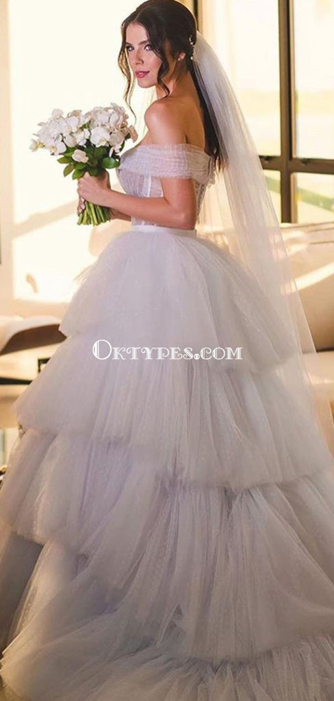 Off-The-Shoulder Ivory Tulle Ball Gown Long Cheap Wedding Dresses, WDS0066