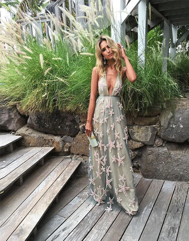 Sexy Deep V-Neck A-line Long Cheap Prom Dresses With Applique, TYP1848