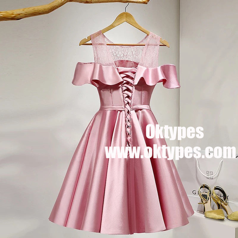 Pink Off Shoulder Satin Girls Cocktail Homecoming Dresses, TYP0962
