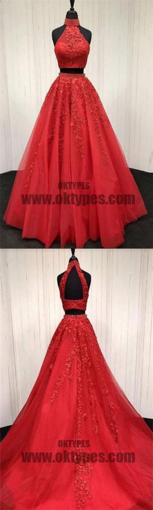 Red Two Piece Appliques Prom Dresses, Long Halter Lace Mermaid Prom Dresses, TYP0444