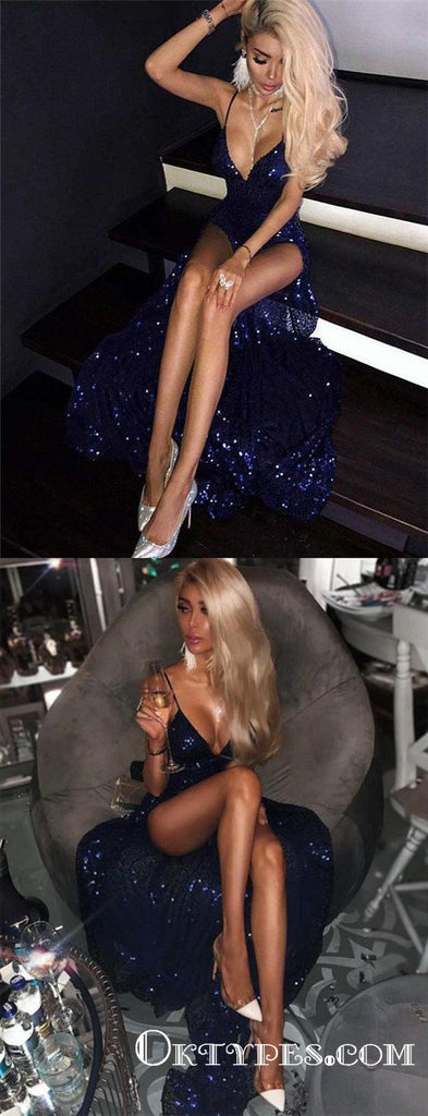 Sexy Navy Blue Sequin Spaghetti Straps Long Evening Gowns  Prom Dresses, TYP1699
