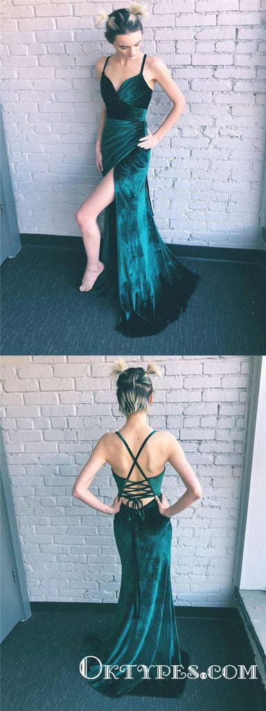 Sexy Fleece Spaghetti Straps Long Green Velvet Prom Dresses With Slit, TYP1634