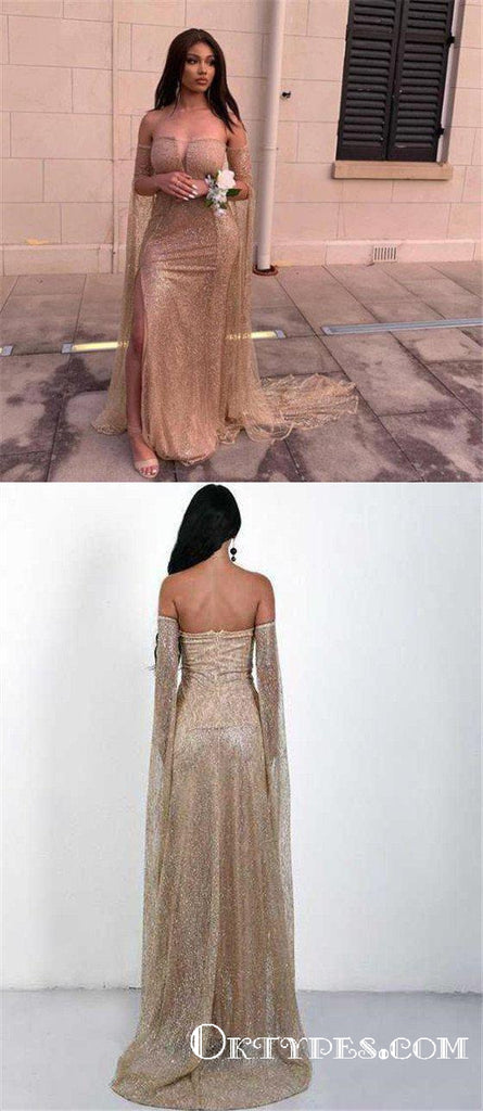 Sexy Glitter Champagne Sequins Long Cheap Prom Dresses with Slit, TYP1845
