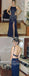 Sexy Navy Blue Backless Long Satin Slit Prom Dresses with Beaded, TYP1607