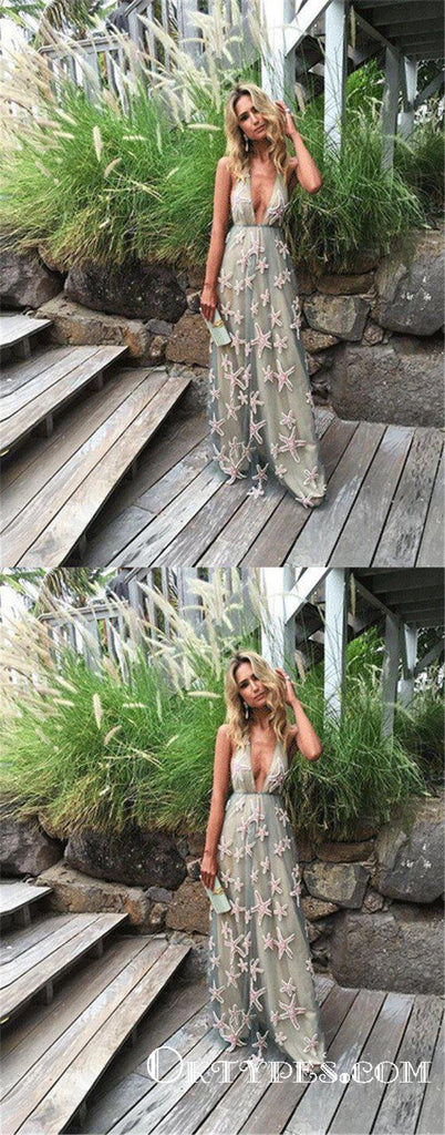 Sexy Deep V-Neck A-line Long Cheap Prom Dresses With Applique, TYP1848