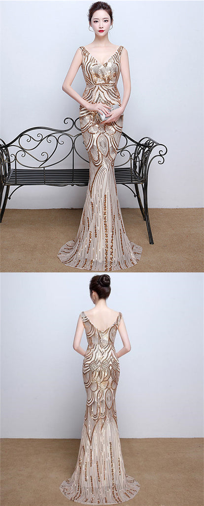 Sparkle Gold Sequin Deep V Neck Long Mermaid Prom Dresses, TYP1381