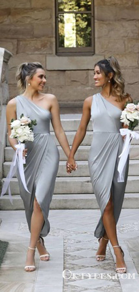 Sexy One Shoulder Silver Short Cheap Bridesmaid Dresses with Slip, TYP2005