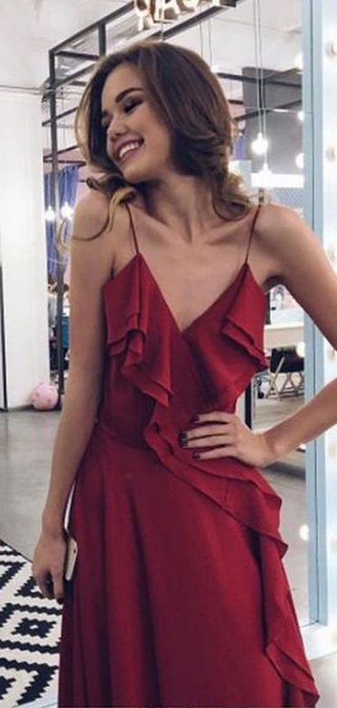 Sexy Burgundy Spaghetti Straps Ruffles A-Line Prom Dresses Online, TYP1382