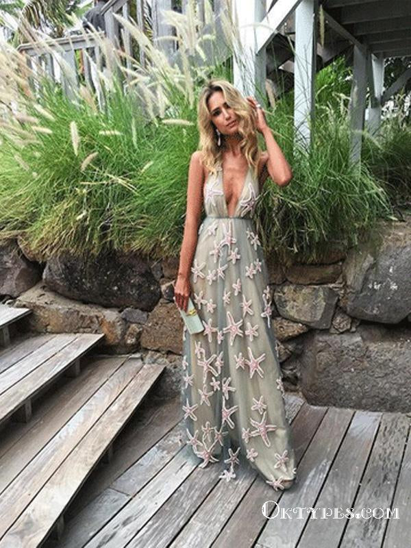 Sexy Deep V-Neck A-line Long Cheap Prom Dresses With Applique, TYP1848