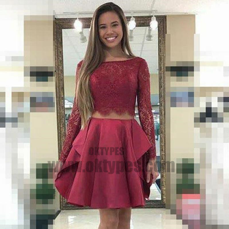 Two Piece Bateau Long Sleeves Pink Satin Homecoming Dress with Lace, TYP0713