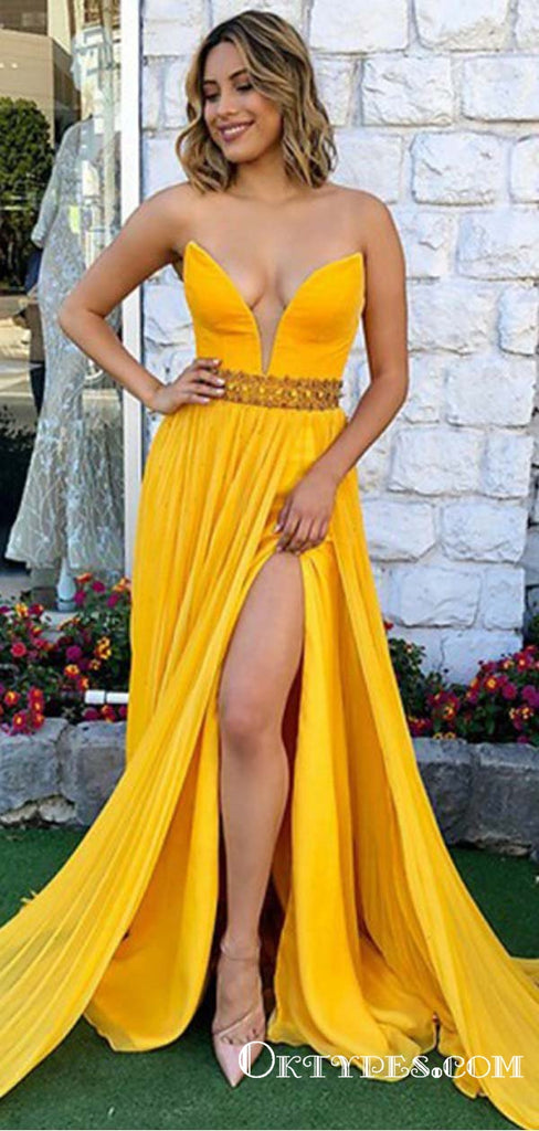 Sexy Deep V-Neck Long Cheap Split Yellow Prom Dresses with Beaded, TYP1681