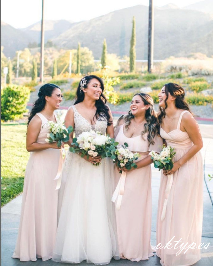 Women Smooth Mismatched Blush Pink Sweetheart Long Bridesmaid Dresses Online, BDS0353