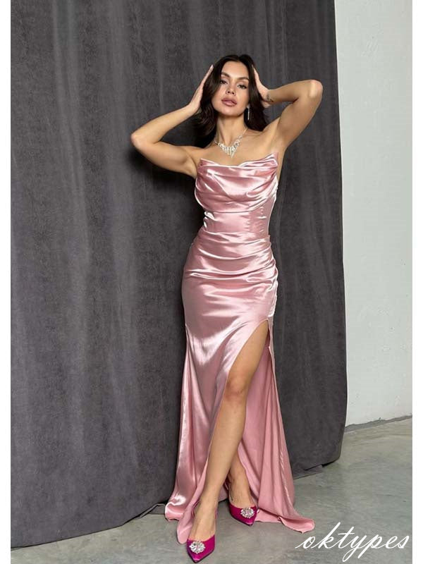 Gorgeous Cute-Pink Side Slit Strapless Mermaid Party Dresses PDS1080
