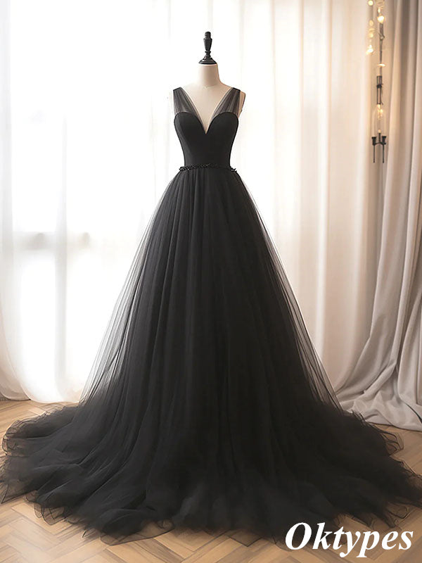 Classy Black Deep V-neck Sleeveless Tulle Long A-Line Evening Gown, PDS1053