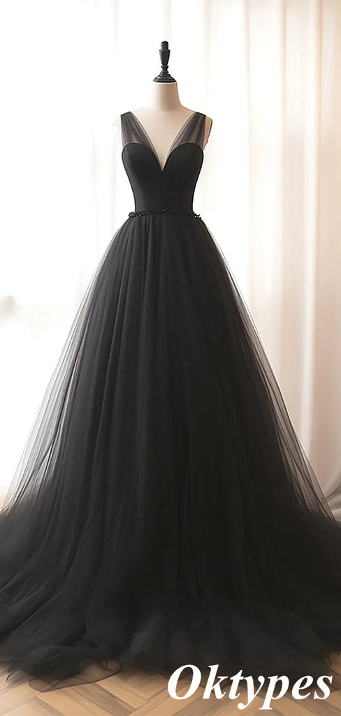 Classy Black Deep V-neck Sleeveless Tulle Long A-Line Evening Gown, PDS1053