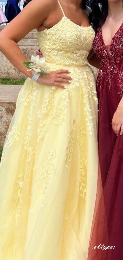 Women Lemon Spaghetti Strap Applique Long Prom Dresses PDS1077