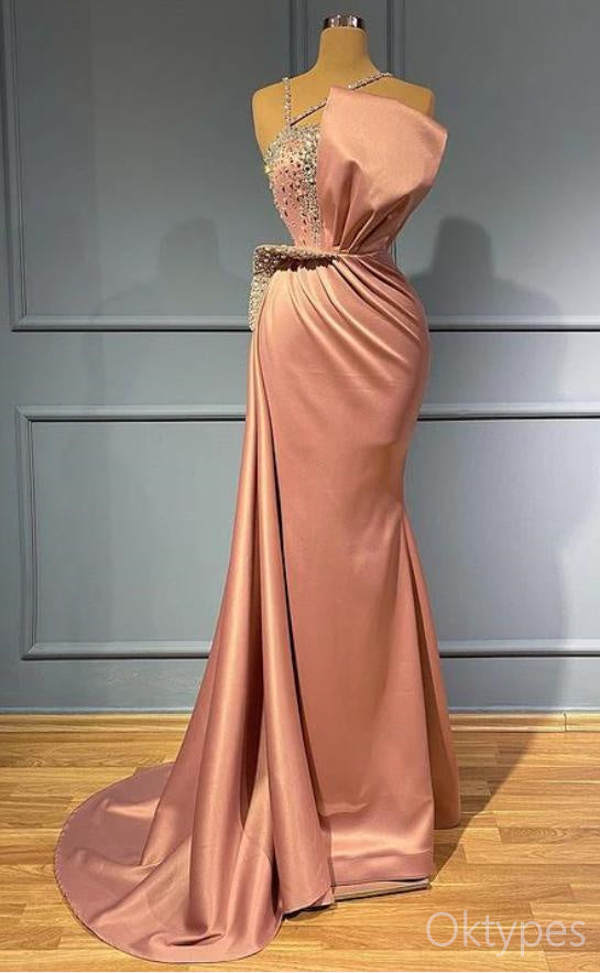 Simple Coral Beaded One Shoulder Satin Women Floor-Length Prom Dresses PDS1211