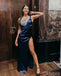 Blue Sexy One Shoulder Side Slit Satin Women Floor-Length Prom Dresses PDS1193