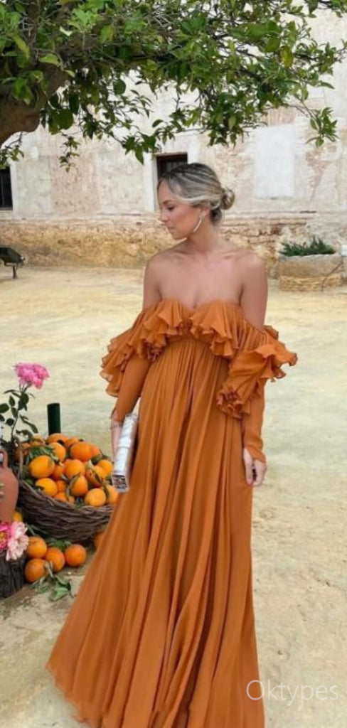 Orange Ruffle Off Shoulder Soft Sexy Floor-Length Women Prom Dresses PDS1250