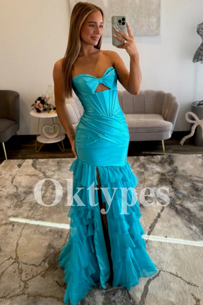 Turquoise Corset Prom Gown Trending 2026 Ruffle Styles with High Slit Off Shoulder