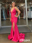 Sexy Fuchsia Pink Soft Satin Halter Mermaid Long Prom Dresses, PDS1031