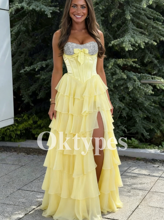Yellow Tiered Ruffle Prom Dress with Sequin Corset and High Slit 2026 Cocktail Gowns