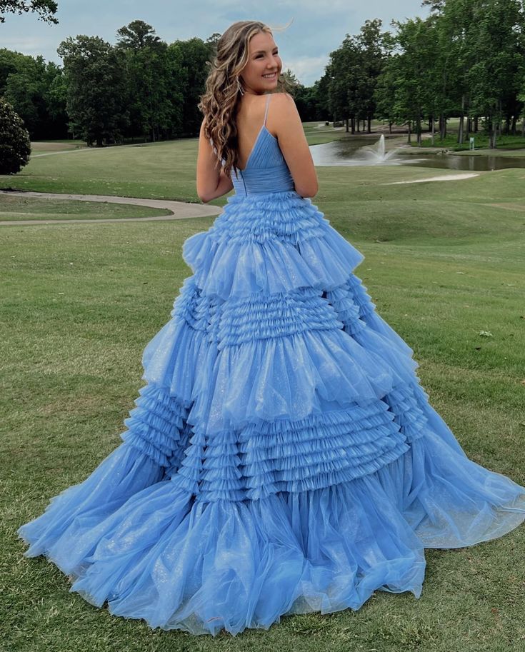 Elegant Blue Spaghetti Strap A-Line Formal Dresses, PDS1063