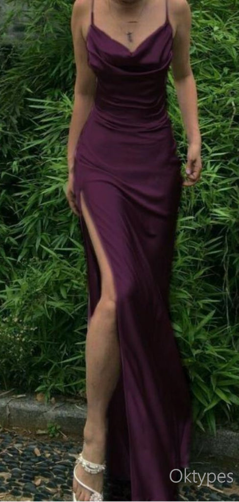 Purple Cowl Sexy Side Slit Spaghetti Strap Women Floor-Length Prom Dresses PDS1206