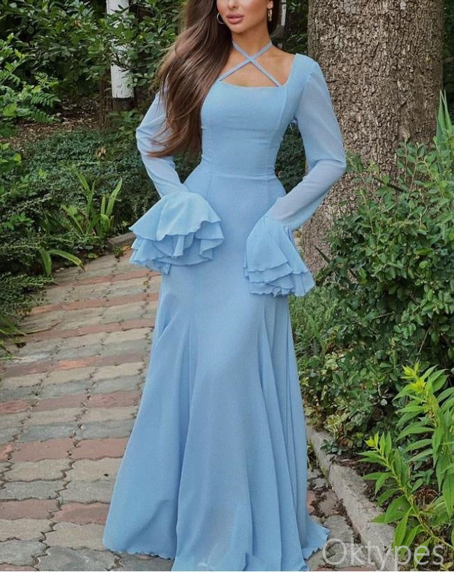 Beautiful Blue Square Full Sleeve Ruffle A-Line Floor-Length Prom Dresses PDS1150