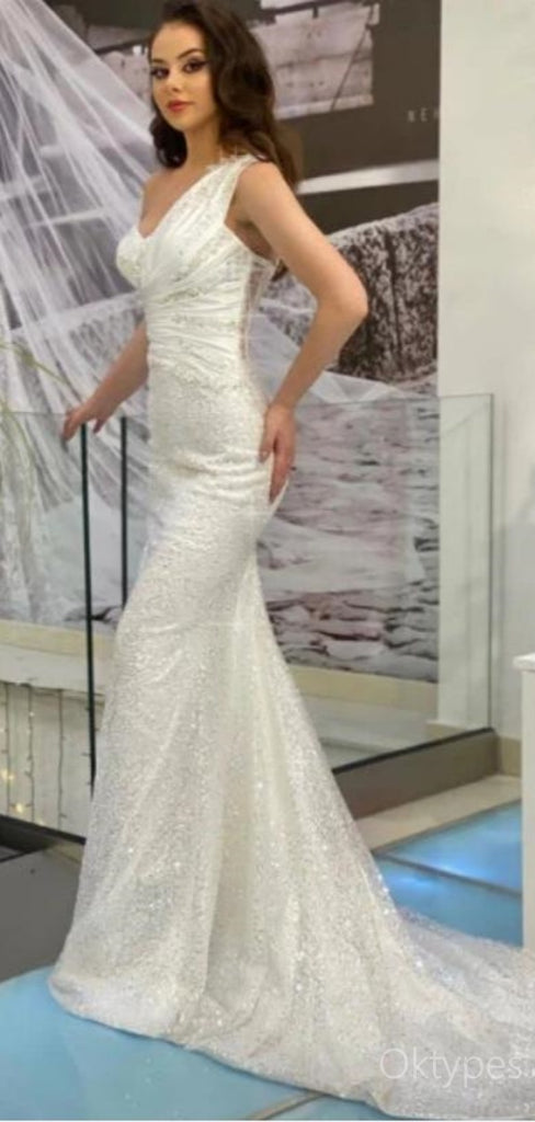 Sexy White One Shoulder Beaded Mermaid Floor-Length Prom Dresses PDS1156