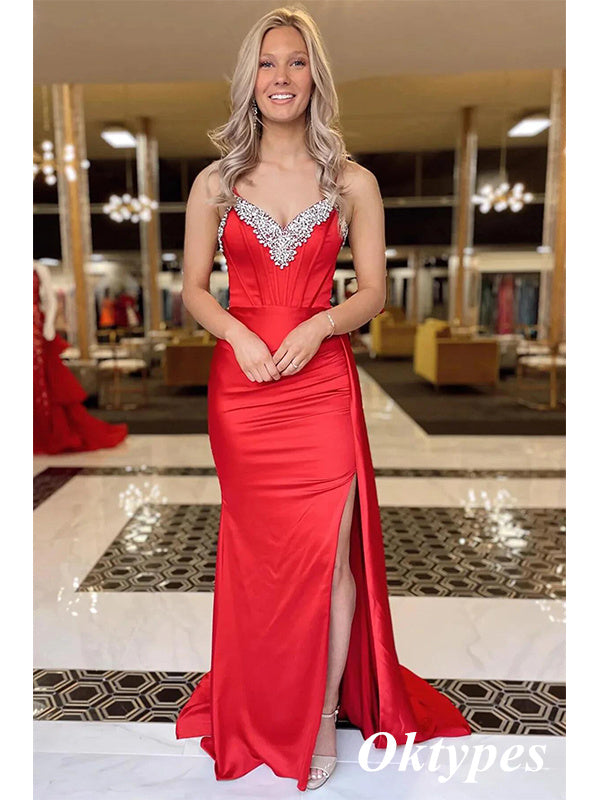 Sexy Red Soft Satin Spaghetti Straps Side Slit Mermaid Long Prom Dresses With Beading, PDS1034