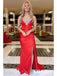 Sexy Red Soft Satin Spaghetti Straps Side Slit Mermaid Long Prom Dresses With Beading, PDS1034