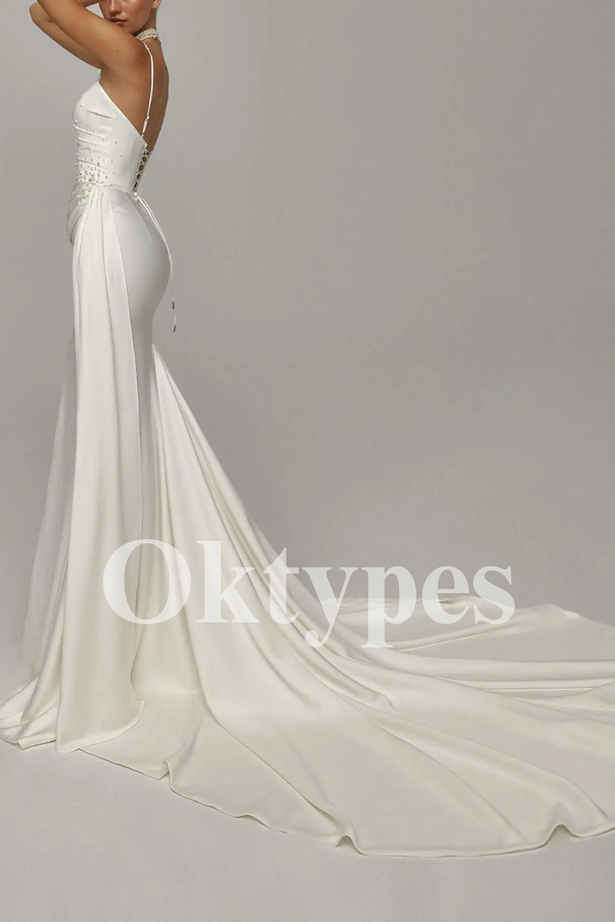 Modern Fit and Flare Bridal Gown Sleeveless Satin Wedding Dress with Ruched Bodice