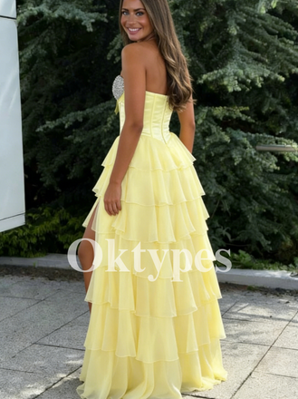 Yellow Tiered Ruffle Prom Dress with Sequin Corset and High Slit 2026 Cocktail Gowns