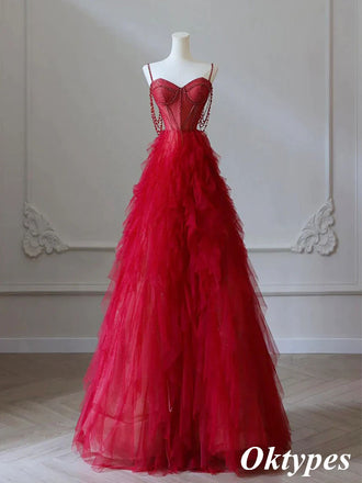 Elegant Red Spaghetti Straps Sleeveless Beading Tulle Long A-Line Evening Gown, PDS1056